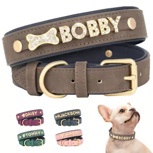 Personalized Dog Collar Soft Leather Padded Bling Rhinestone Name Letters Charms - Picture 1 of 24