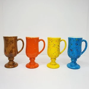 Vintage MCM Keramik gesprenkelt glasiert Standfuß Henkelbecher braun orange blau gelb - Bild 1 von 10
