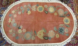 4'x 8' Antique Pink Oval Chinese Art Deco Oriental Rug 1930s Hand Made - Picture 1 of 8