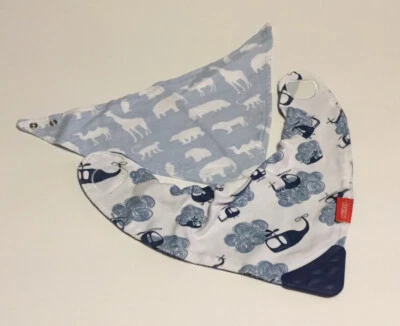 Lot of 2 Nuby Baby Bibs Teether Blue Snap Helicopters Animals Snap Hook & Loop - Image 1 of 3