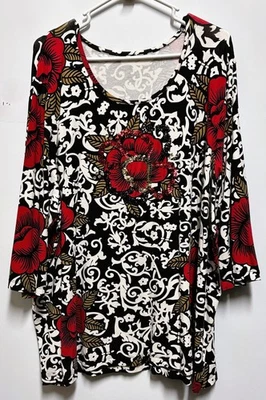 Plus Size 3X Top Black & Red Floral with Sequins 3/4 Sleeves - Image 1 of 3