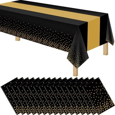 16 Pack 2in1 Disposable Plastic Tablecloths 54" x 108" Black and Gold Dot Kit... - Image 1 of 4