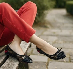 CHRISTIAN LOUBOUTIN 39 8 8,5 Schwarz Lack Cord Mix Spike Netz Ballerinas - Bild 1 von 13