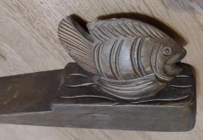 Rustic Vtg Nautical Door Stop Wedge Fish Wood Hand Carved 7.5"L 1.75" W 3"T BOHO - Image 1 of 4