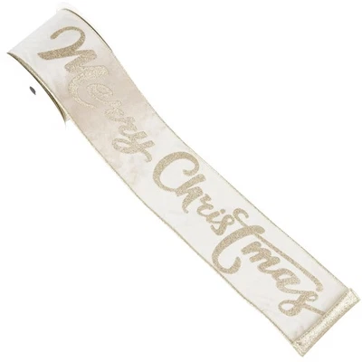 Champagne Gold Velvet Wired Ribbon, Merry Christmas Ivory and Gold Wired Ribb... - Image 1 of 4