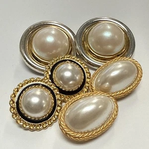 VINTAGE GOLD TONE SILVER TONE FAUX PEARL CLIP ON EARRINGS LOT 3pairs UNSIGNED - Picture 1 of 4