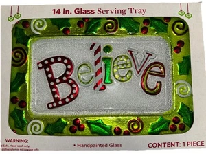 Believe 14 Inch Glass Christmas Serving Tray - Sam’s Handpainted Glass Food Safe - Picture 1 of 6