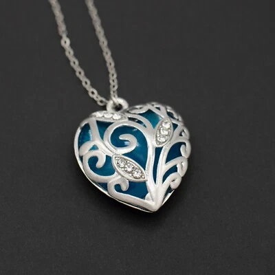 Luminous Heart Crystal, Glow in the Dark Necklace - Blue & Silver - Image 1 of 4