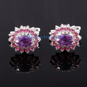 Natural Amethyst & Ruby Gemstone With 925 Sterling Silver Cufflinks For Men's #5 - Picture 1 of 5