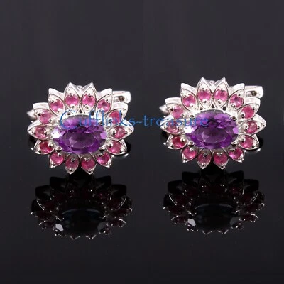 Pedra preciosa natural de ametista e rubi com abotoaduras masculinas de prata esterlina 925 #5 - Imagem 1 de 4