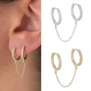 Sterling Silver CZ Double Huggie Hoop Chain Linked Earrings for 2 Ear Holes - Picture 1 of 11