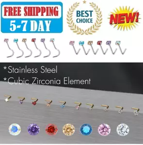 10PCS 20G Surgical Steel Mix Color CZ Nose Stud Rings Screw Bend Body Piercing - Picture 1 of 13