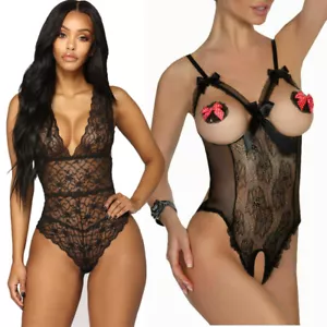 Womens Sexy One Piece Babydoll Pajamas Lingerie Lace Bodysuit Leotard Nightwear - Picture 1 of 17