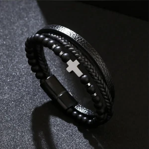 Men 3Layer Black Onyx Braided Leather Bracelet Stainless Steel Christian Bangle - Picture 1 of 5