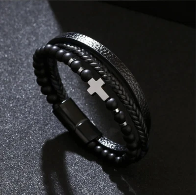 Brazalete cristiano de acero inoxidable trenzado de ónix negro de 3 capas para hombre Foto 1 de 4