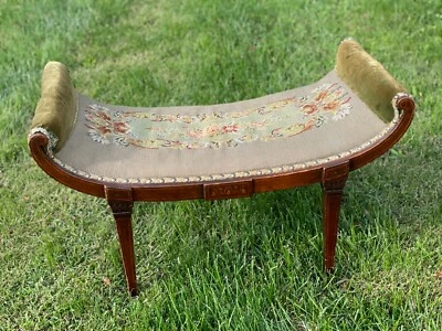 Rare 32" Antique Victorian Floral Needlepoint Green Curved Inlay Wood Bench Seat - Image 1 of 4