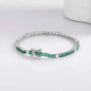 9Ct Round Lab Created 4MM Emerald Diamond Tennis Bracelet 14k White Gold Finish - Picture 1 of 3