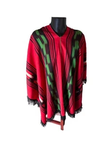 Vintage Mens Poncho Red Black & Green Tassels 51x67 Inches Wool Blend - Picture 1 of 10