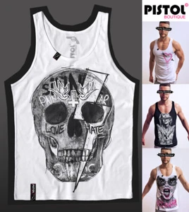 Pistol Boutique Men's White LIGHTNING BOLT GRAFFITI SKULL Vest Top Singlet Tank - Picture 1 of 14