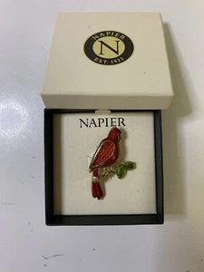 Napier Red Cardinal Bird on Branch Pin Brooch Xmas NEW Gift Box Gold Tone Enamel - Picture 1 of 1