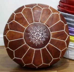 Moroccan Leather Ottoman Pouffe Pouf Footstool In Mid Tan Handmade Leather Brown - Picture 1 of 9