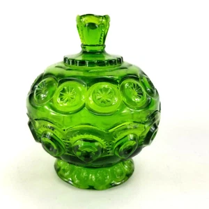 Vintage Smith Moon and Stars Green Pressed Glass Candy Jar w Lid Footed Bowl - Picture 1 of 7