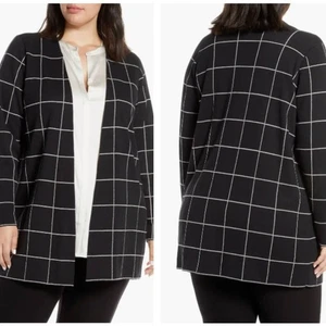 EILEEN FISHER Windowpane Check Wool Cardigan Black Sea Salt {WW27} - Bild 1 von 8