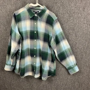 Lands' End Flannel Shirt 20W Plaid Green 100% Cotton Button Front Collar Soft - Picture 1 of 8