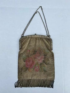 Antike Micro Perlen Handtasche Flapper Floral Tasche Seide gefüttert selten Blumen Fransen - Bild 1 von 11