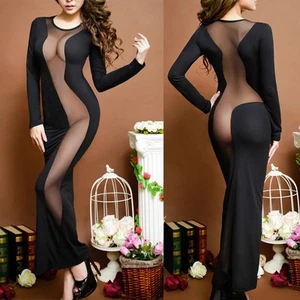 Kleid Damen Mesh Party Sexy Abend Durchsichtig Maxi Rundhalsausschnitt - Bild 1 von 10