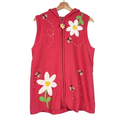 Quacker Factory Sleeveless Hooded Vest Women M Pink Crochet Flower Bee Applique - Image 1 of 4