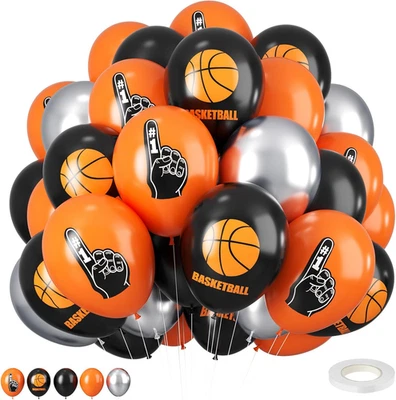 Globos de Baloncesto, 12 Pulgadas Naranja Negro Metálico Plata y Balones de Baloncesto Impresión Foto 1 de 4