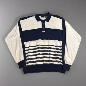 Polo vintage anni 90 bianca blu navy a righe Sasson grande uomo manica lunga 2XL - Foto 1 di 7