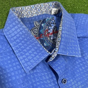 Robert Graham manica corta con bottoni med. 3D geometrico blu ricamato - Foto 1 di 8