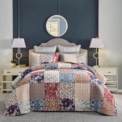  Juego de edredón floral tamaño queen 3 piezas, reina bohemia (90" x 96") azul marino floral a cuadros Foto 1 de 4