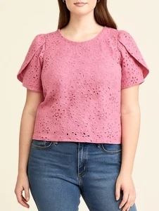 Charter Club Womens Pink Tulip Sleeve Top Floral Eyelet Blouse Size L Casual EUC - Picture 1 of 10