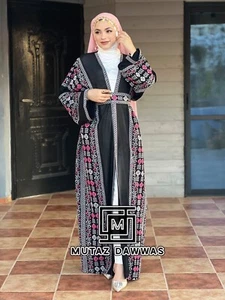 Mujeres Palestinas Bordado Abaya/Bisht Abierto Mezcla Color Manga Larga Ancha - Imagen 1 de 9