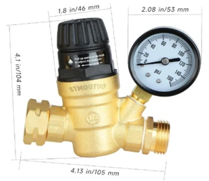 RV Water Pressure Regulator with Gauge Lead-Free Brass & Adjustable Handle - Picture 1 of 6