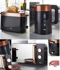 New Set Of Black Copper Kettle 1.7L, 2-Slice Toaster 850W & Mirrored Microwave