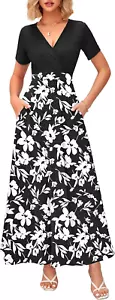 Women'S Summer Maxi Dress Short Sleeves Wrap V Neck Long Dresses with Pockets - Picture 1 of 13