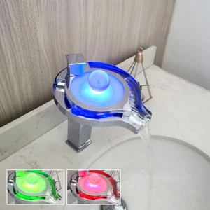 LED Bathroom Basin Sink 3 Colors Deck Mounted Waterfall Spout Taps Mixer Faucets - Picture 1 of 9