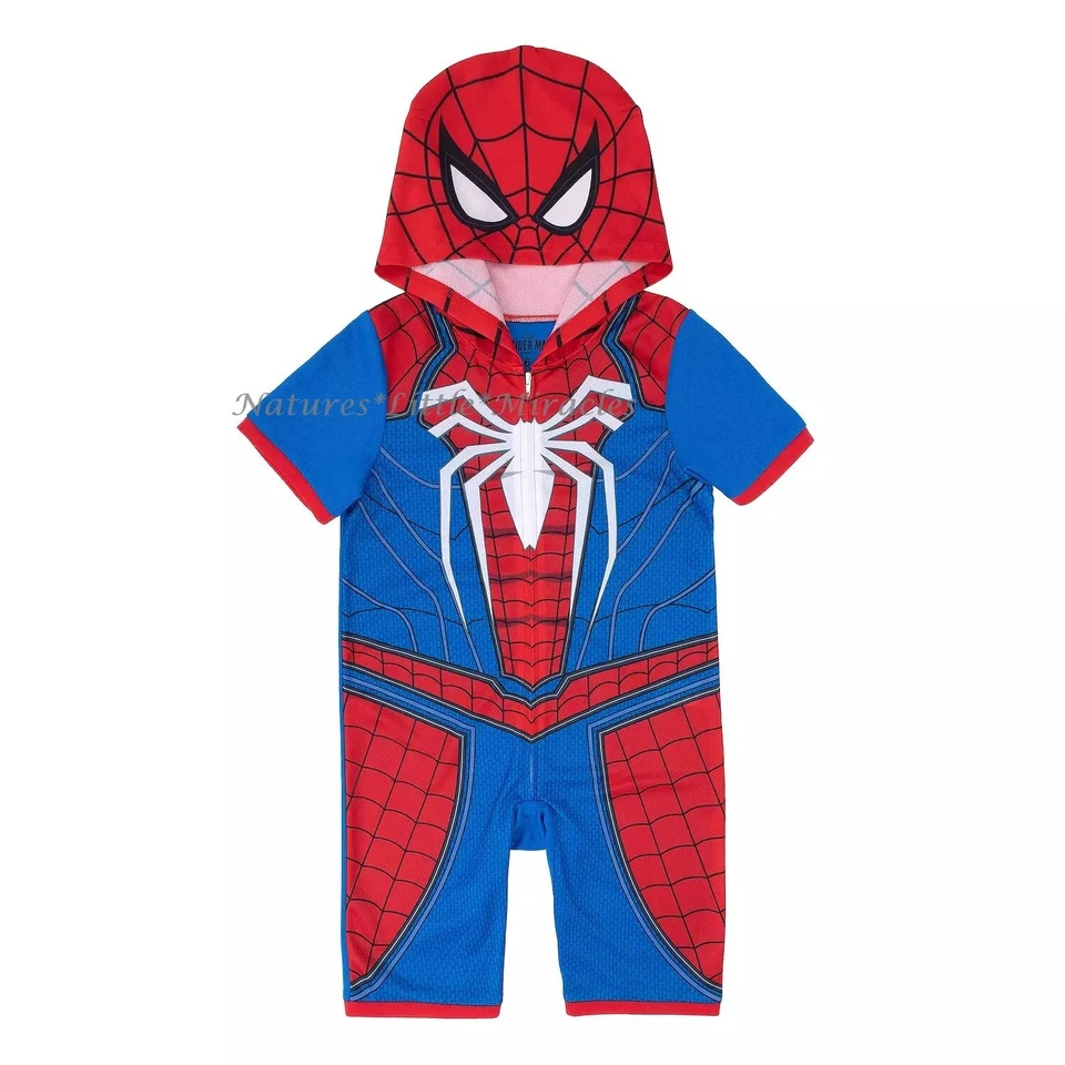 Spiderman Union Suit Boys Size 4 5 6 8 10 One Piece Pajama Shorts Costume Hoodie - Image 1 of 1