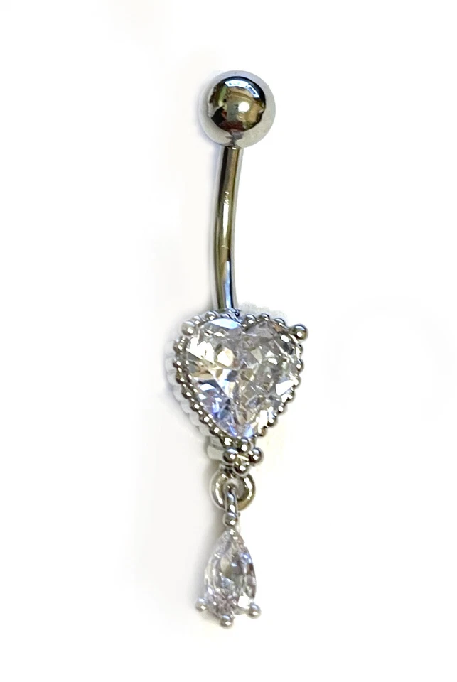 Heart Clear CZ Crystal Tear Drop Navel Bar Belly Button 316L Surgical Steel-UK - Image 1 of 1