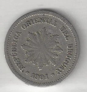 URUGUAY,  1901-A,  1 CENTESIMO,  COPPER NICKEL,  VERY FINE,  KM#19 - Picture 1 of 2
