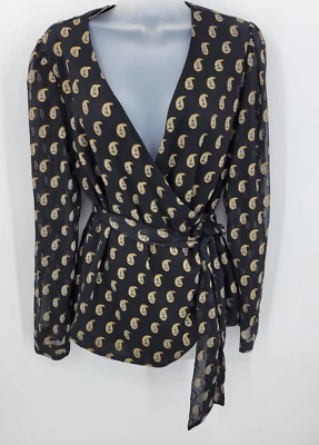 INC International Condepts Top Womens Medium Black Gold Pasiley Wrap Artsy Shirt - Image 1 of 4