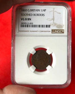 1860 G BRITAIN 1/4 P TOOTHED BORDERS NGC VG 8 BN - Picture 1 of 2