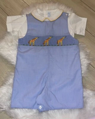 Vive La Fete Giraffes Blue Smocked Shortalls Romper Shirt Toddler Boys 4T New - Image 1 of 4