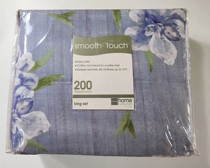 JC Penney Smooth Touch Blue Floral King Sheet Set NEW - Picture 1 of 2
