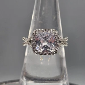 Princess Cut CZ Engagement Cocktail Ring Silver Tone Halo Cubic Zirconia Sz 6.5 - Picture 1 of 12