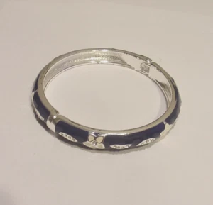 Joan Boyce Navy Blue & Ivory White Enamel,Clear Crystals Hinged Bangle Bracelet - Picture 1 of 6